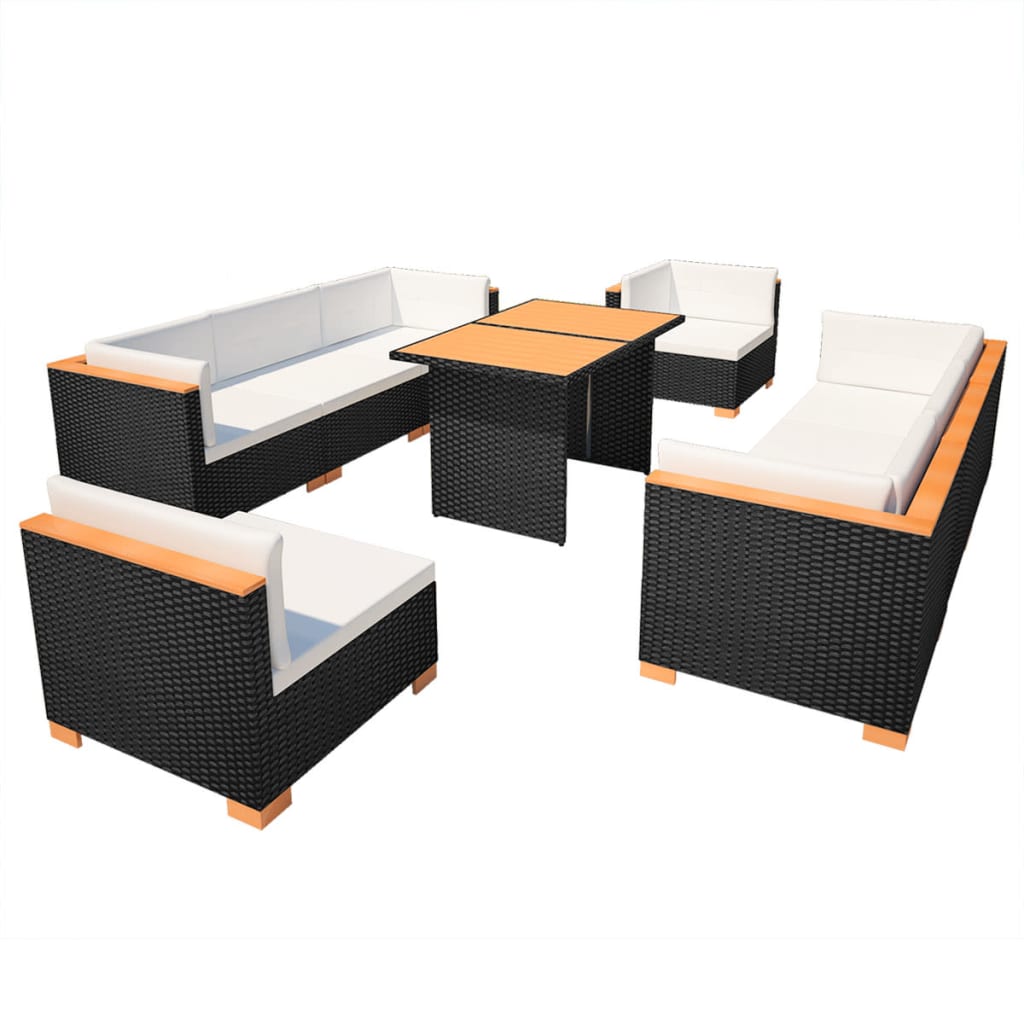 Set muebles de jardín 10 piezas y cojines ratán sintético negro