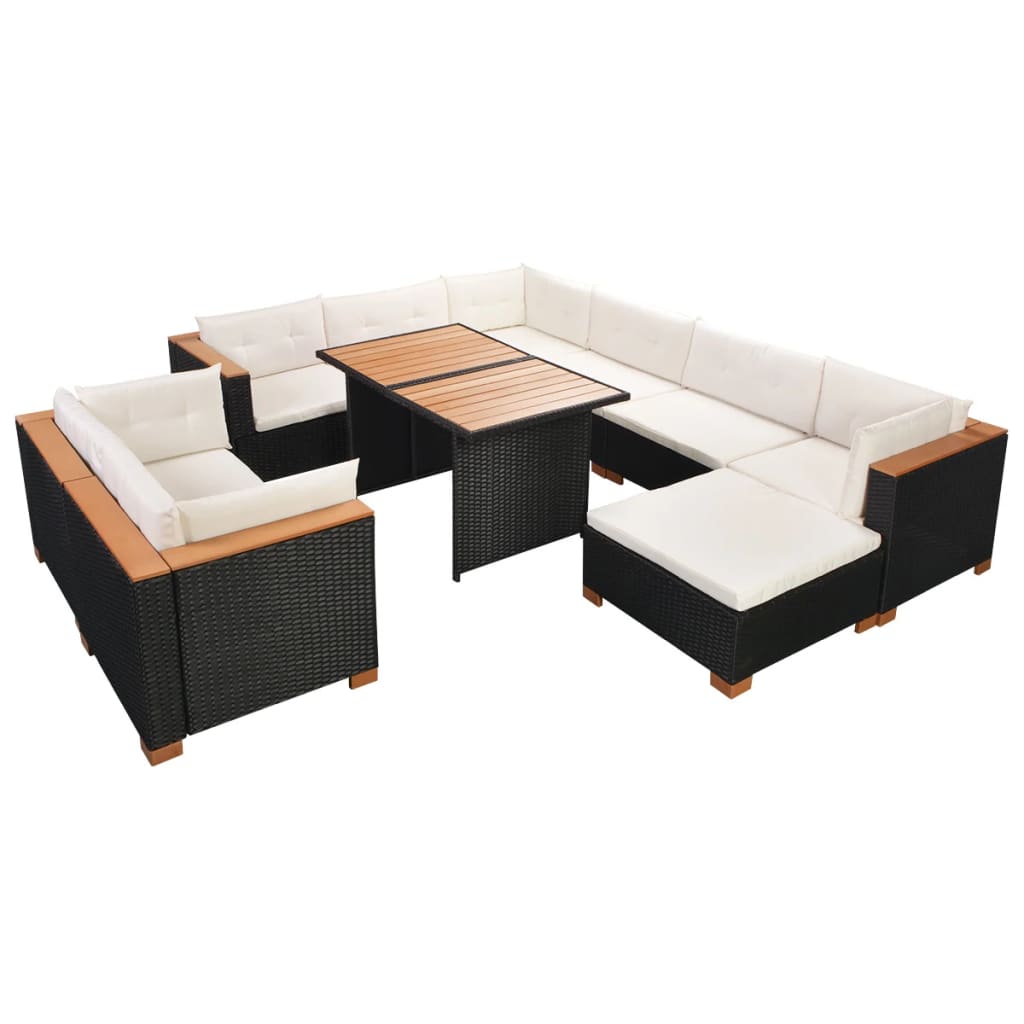 Set muebles de jardín 10 piezas y cojines ratán sintético negro