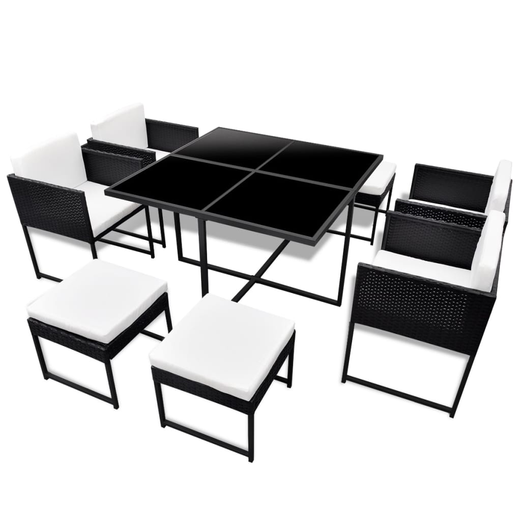 Set comedor de jardín 9 piezas y cojines ratán sintético negro