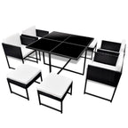 Set comedor de jardín 9 piezas y cojines ratán sintético negro
