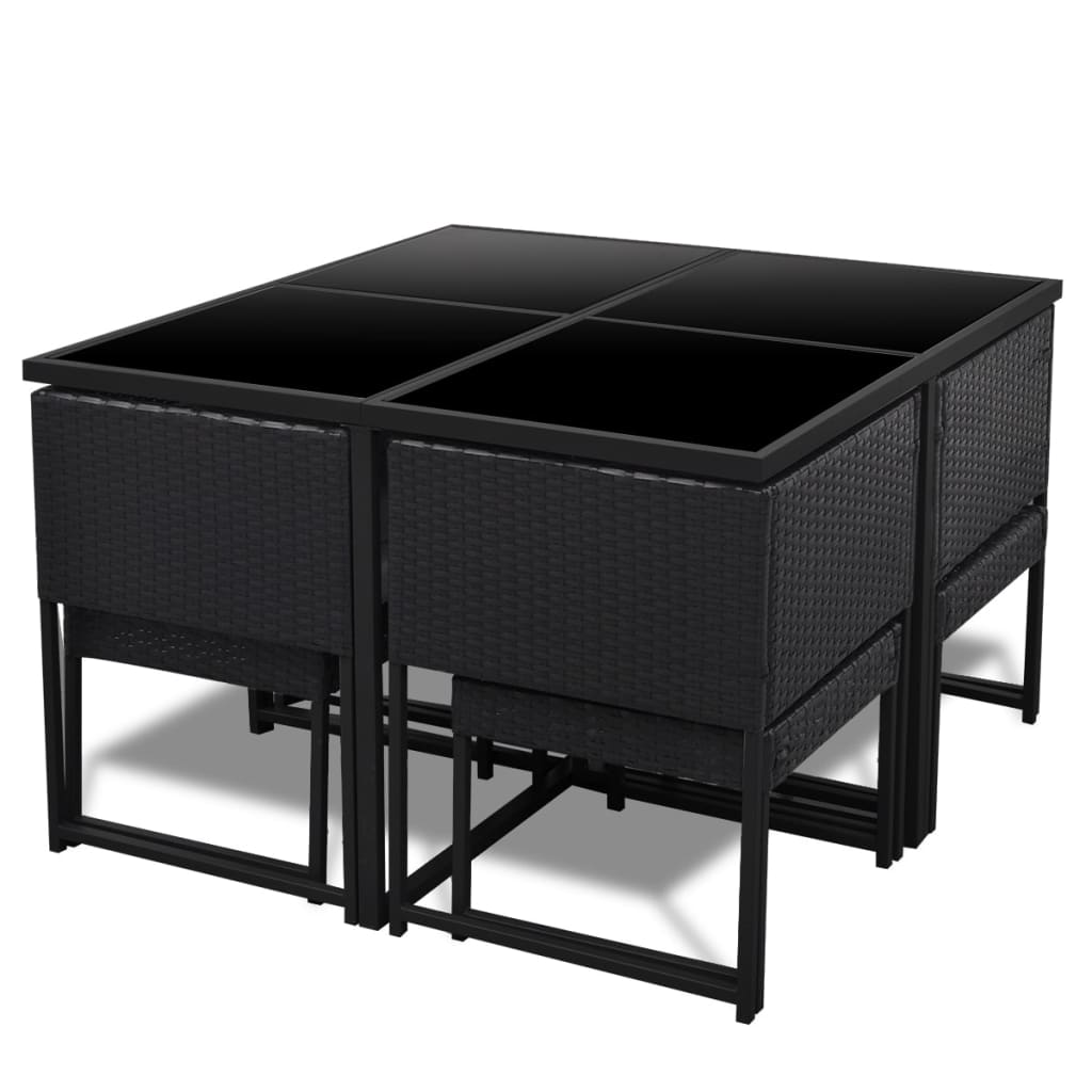 Set comedor de jardín 9 piezas y cojines ratán sintético negro
