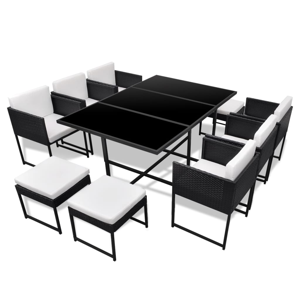 Set comedor de jardín 11 piezas y cojines ratán sintético negro