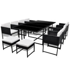 Set comedor de jardín 13 piezas y cojines ratán sintético negro