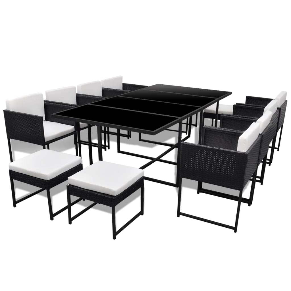 Set comedor de jardín 13 piezas y cojines ratán sintético negro