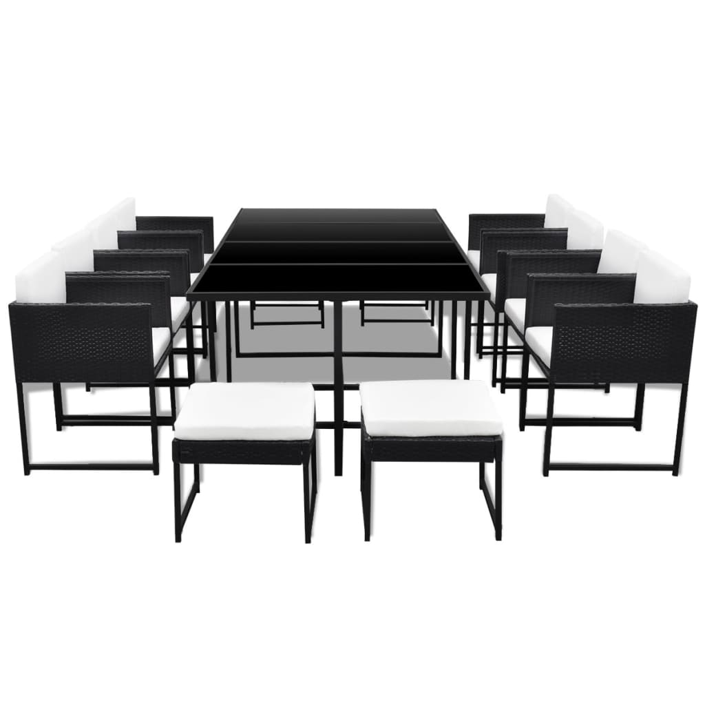 Set comedor de jardín 13 piezas y cojines ratán sintético negro