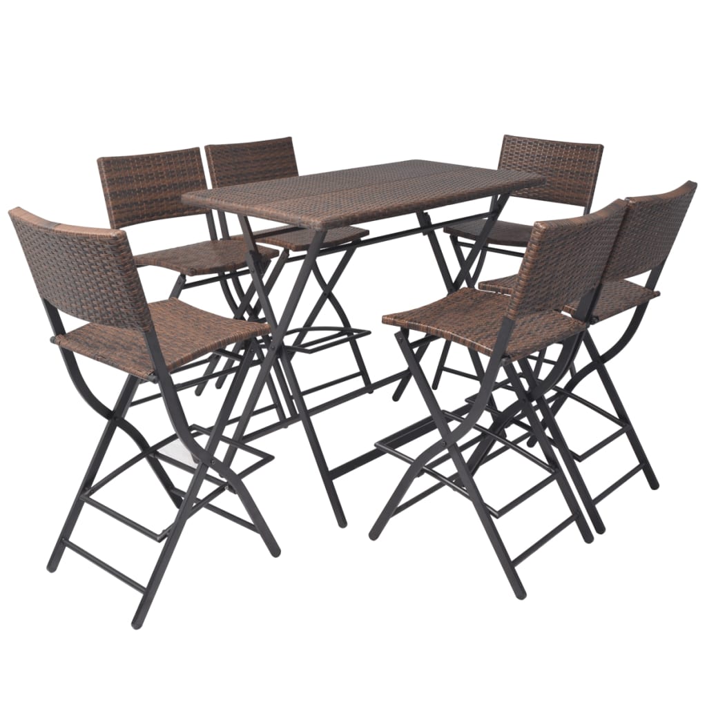 Set comedor de jardín plegable 7 pzas poli ratán y acero marrón