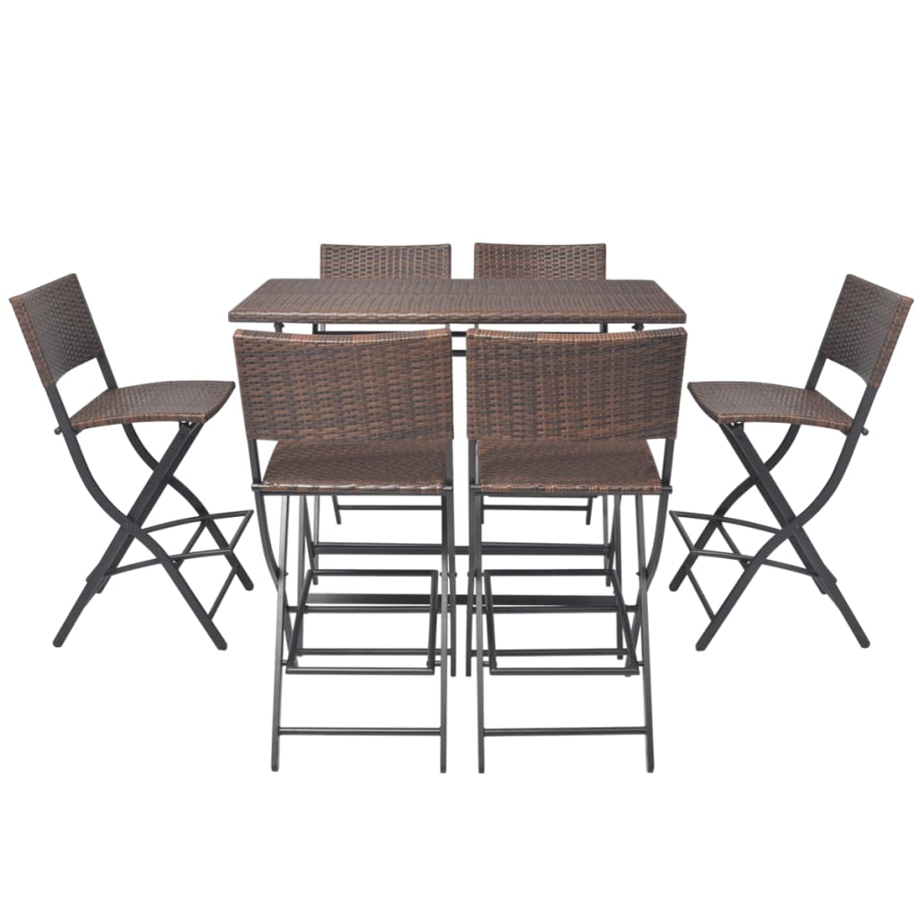 Set comedor de jardín plegable 7 pzas poli ratán y acero marrón