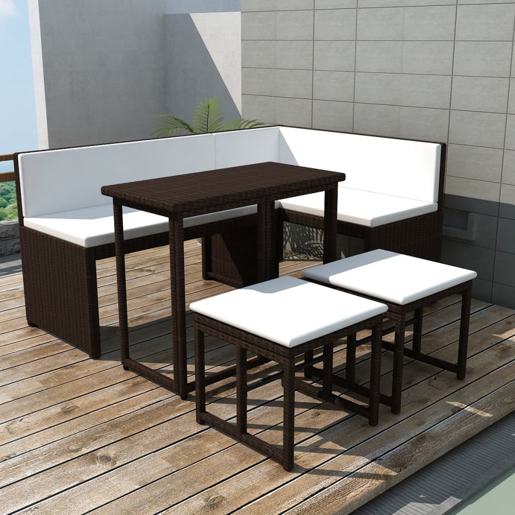 Conjunto de jantar de jardim 5 peças vime PE e aço castanho