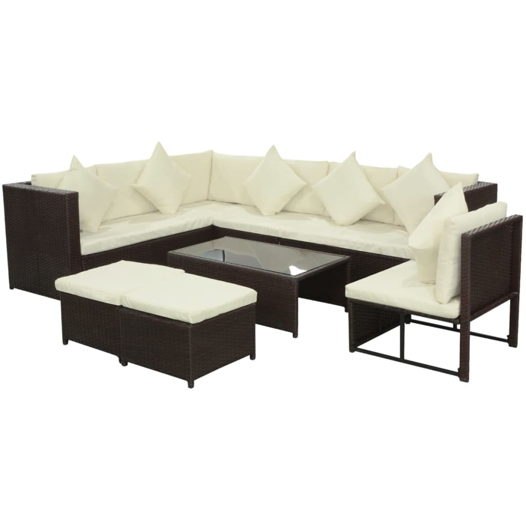 Set muebles de jardín 8 piezas y cojines ratán sintético marrón