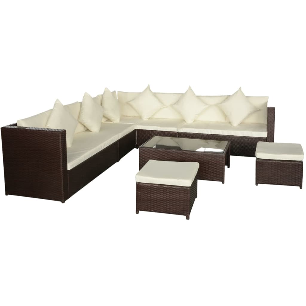 Set muebles de jardín 8 piezas y cojines ratán sintético marrón