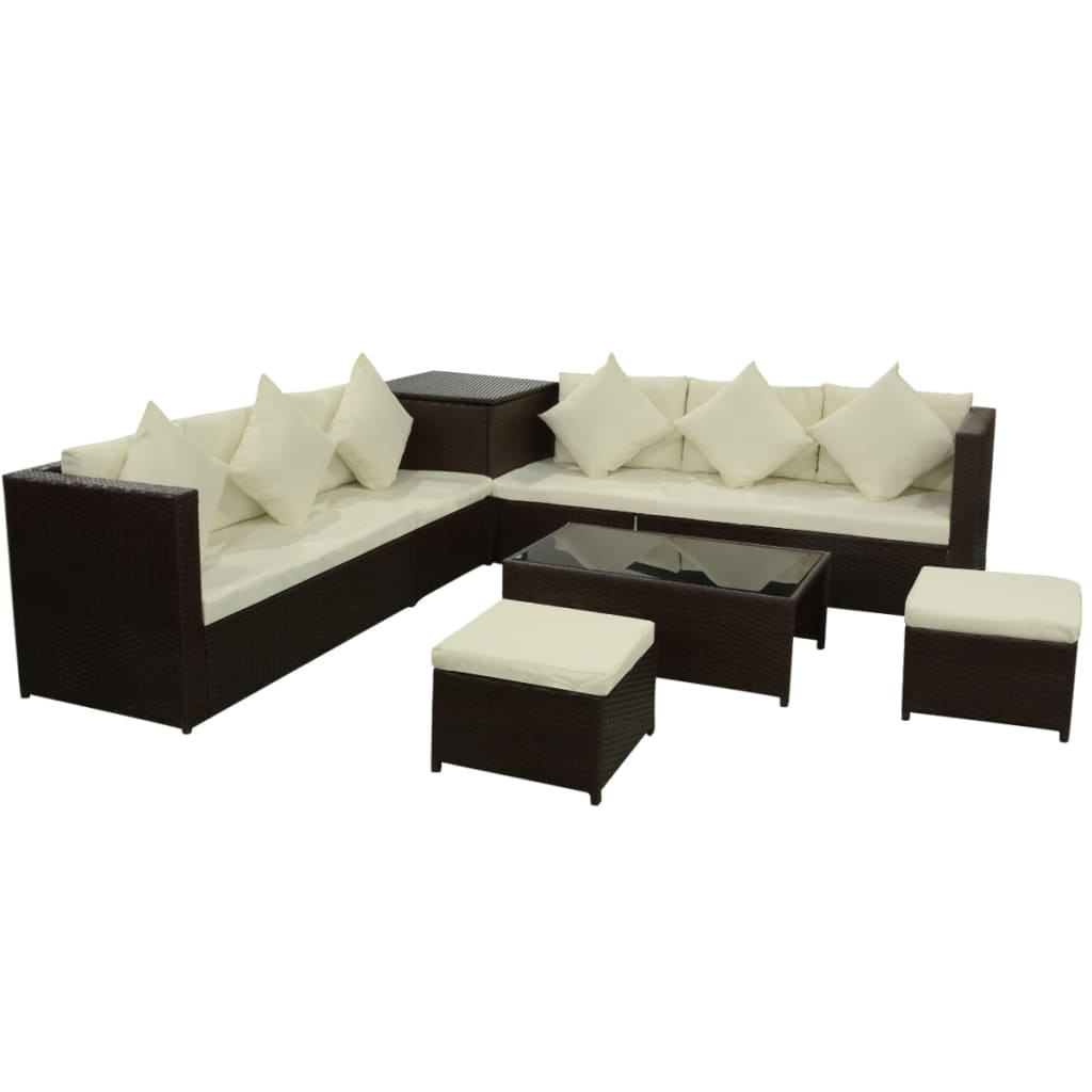 Set muebles de jardín 8 piezas y cojines ratán sintético marrón