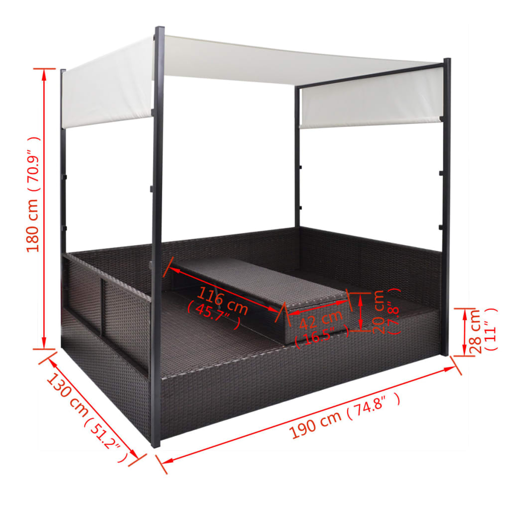 Cama de jardín con toldo ratán sintético marrón 190x130 cm