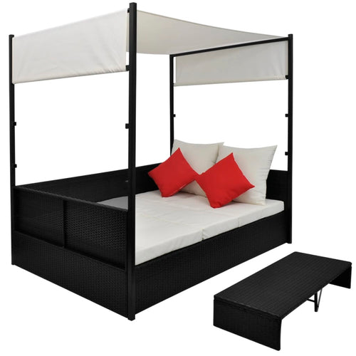 Cama de jardim com toldo em vime sintético preto 190x130 cm