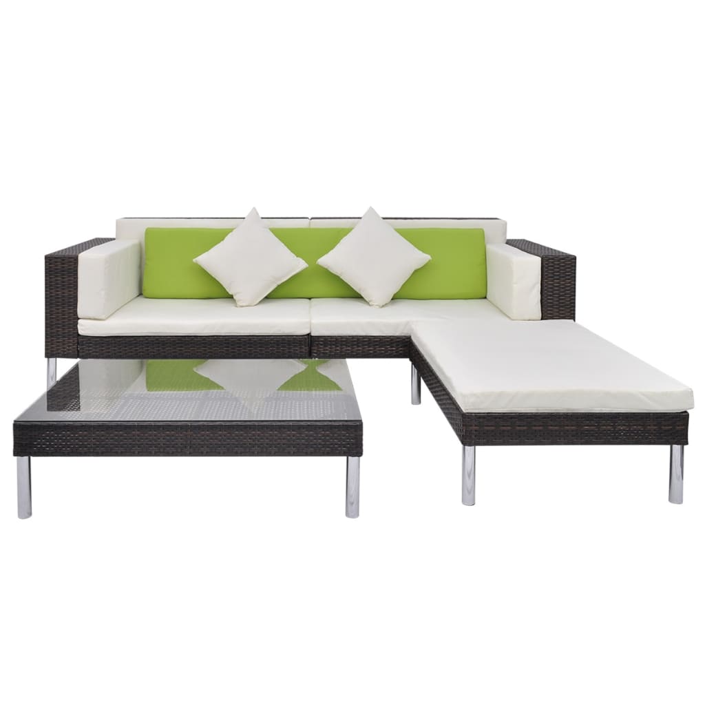Set muebles de jardín 4 piezas y cojines ratán sintético marrón