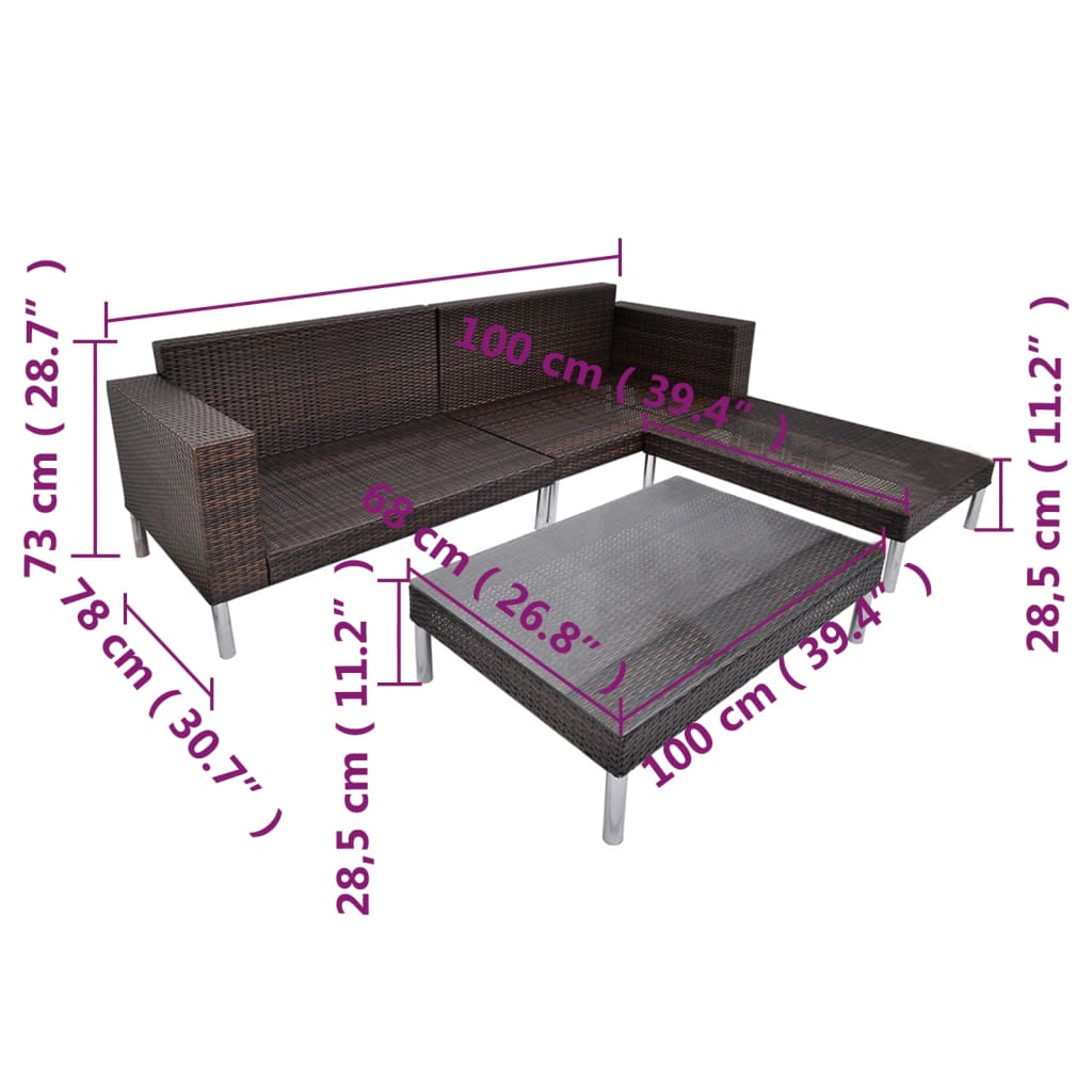 Set muebles de jardín 4 piezas y cojines ratán sintético marrón
