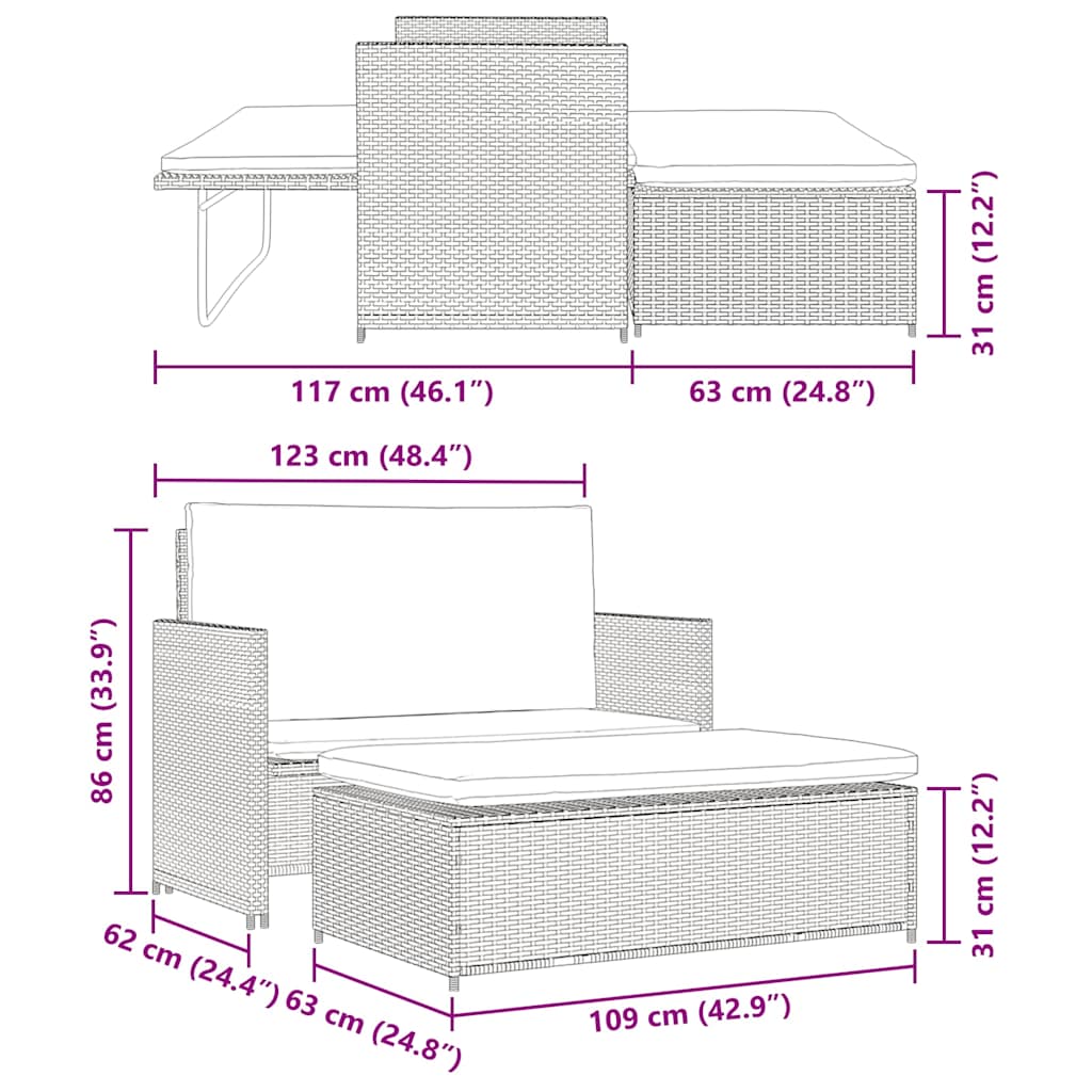 Set muebles de jardín 2 piezas y cojines ratán sintético negro
