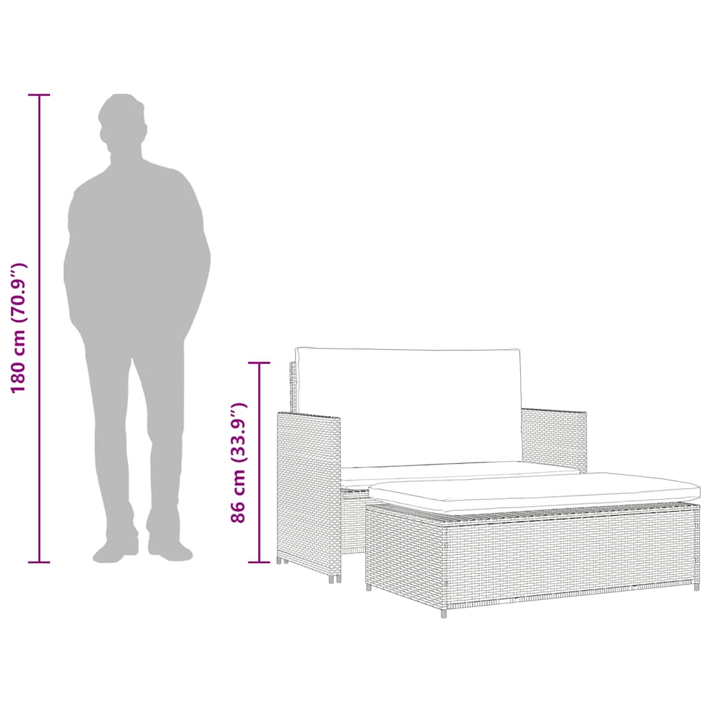Set muebles de jardín 2 piezas y cojines ratán sintético negro