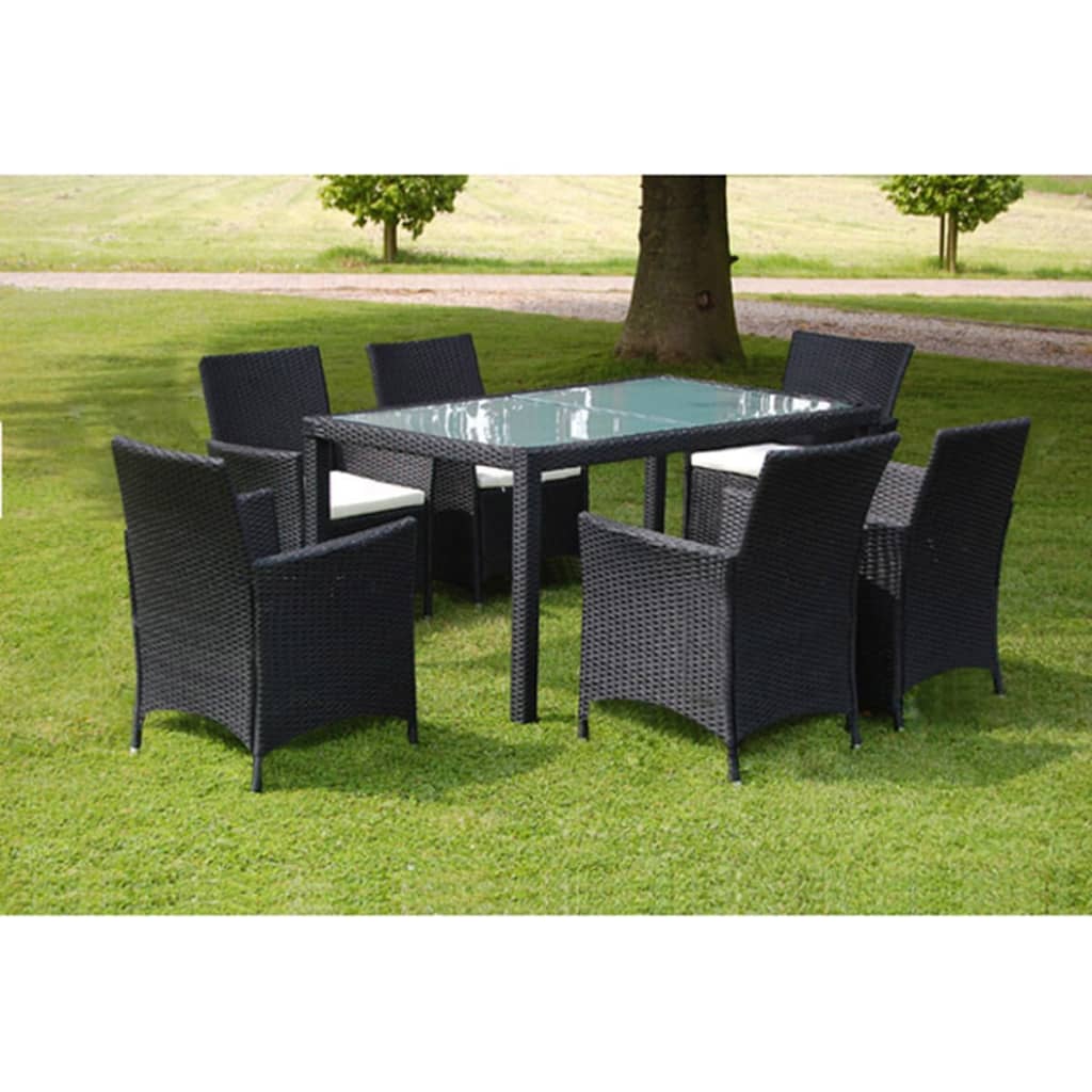 Conjunto de jantar de jardim 7 peças e almofadas de vime sintético castanho