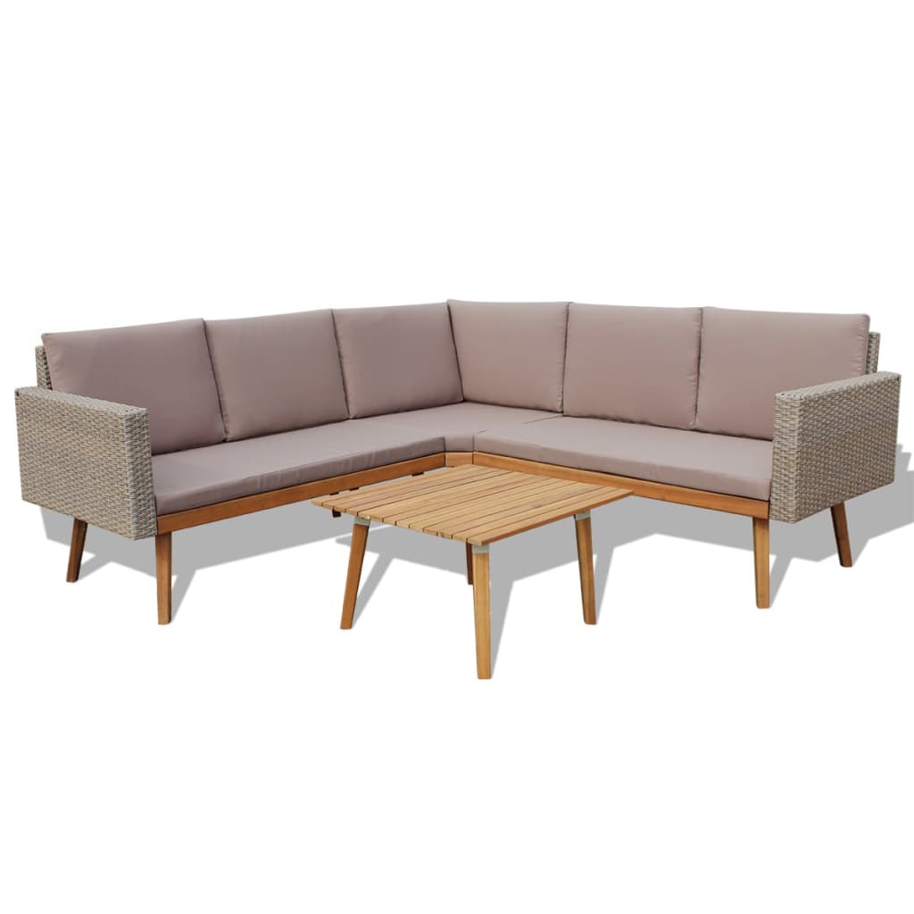 Set de muebles de jardín 4 piezas y cojines ratán PE gris
