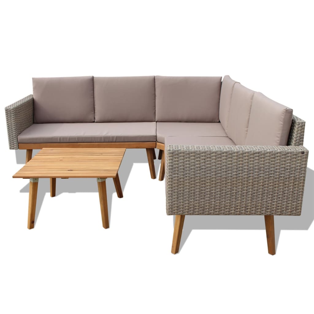 Set de muebles de jardín 4 piezas y cojines ratán PE gris