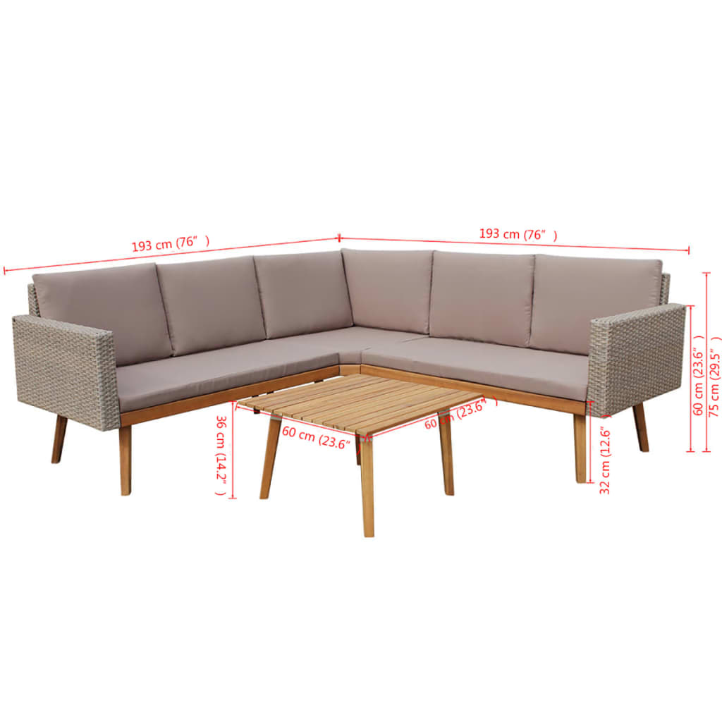 Set de muebles de jardín 4 piezas y cojines ratán PE gris