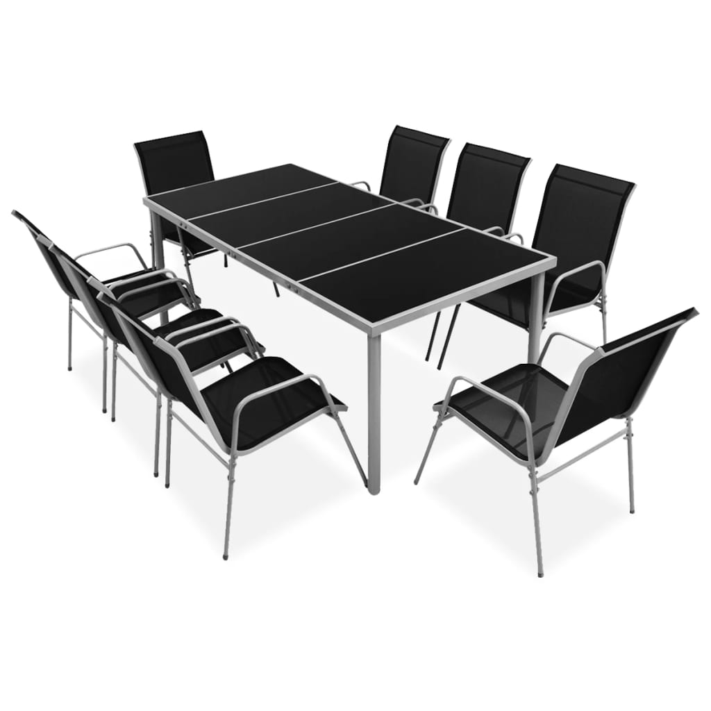 Juego de comedor de jardín 9 piezas de acero negro