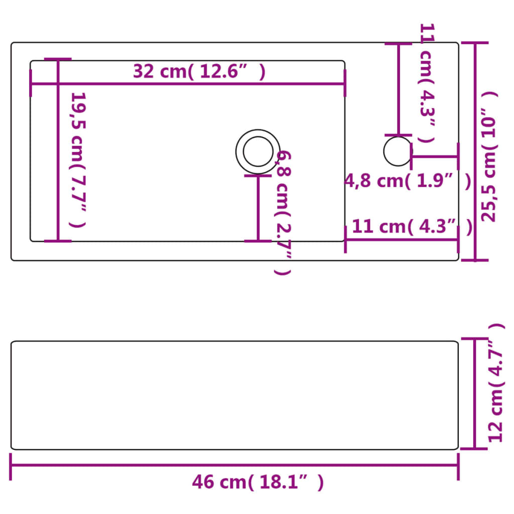Lavabo con agujero grifo rectangular cerámica 46x25,5x12 blanco