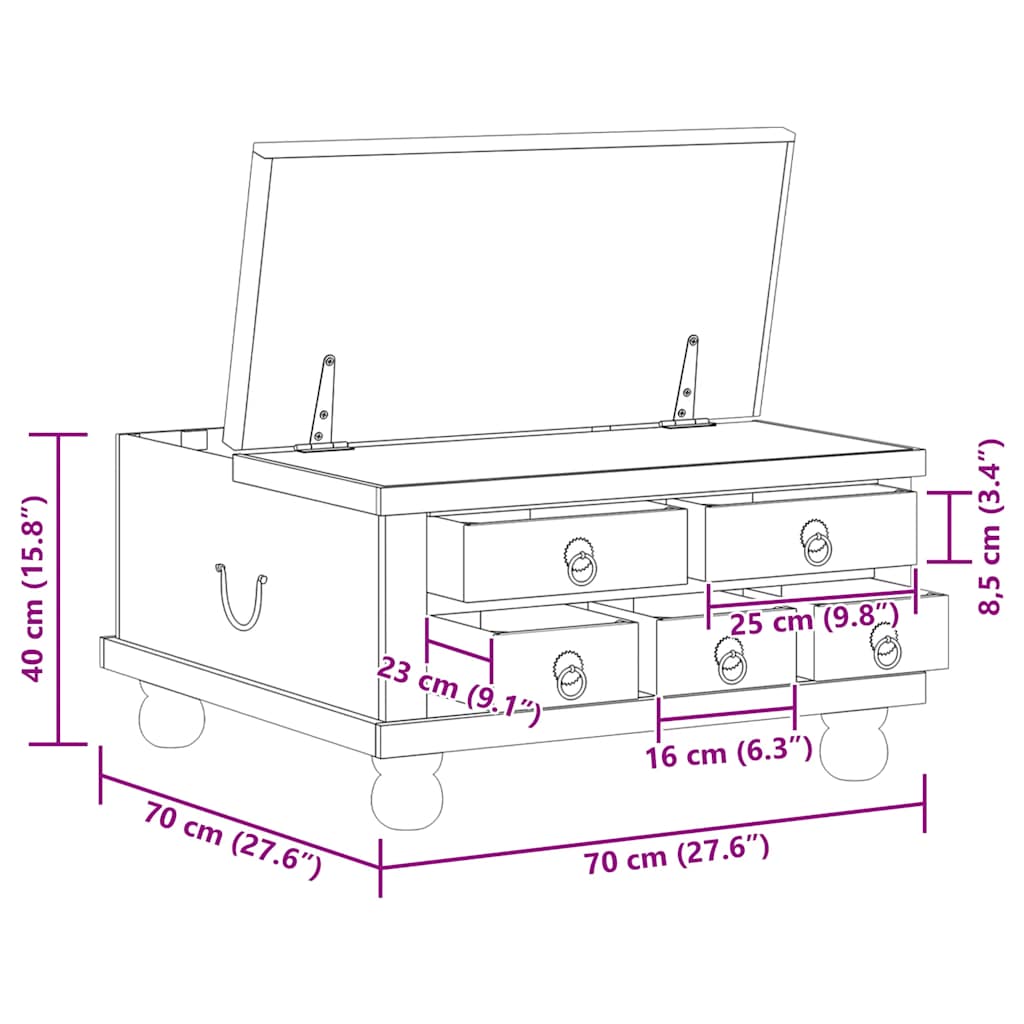 Mesa de centro de madera maciza reciclada 70x70x38 cm