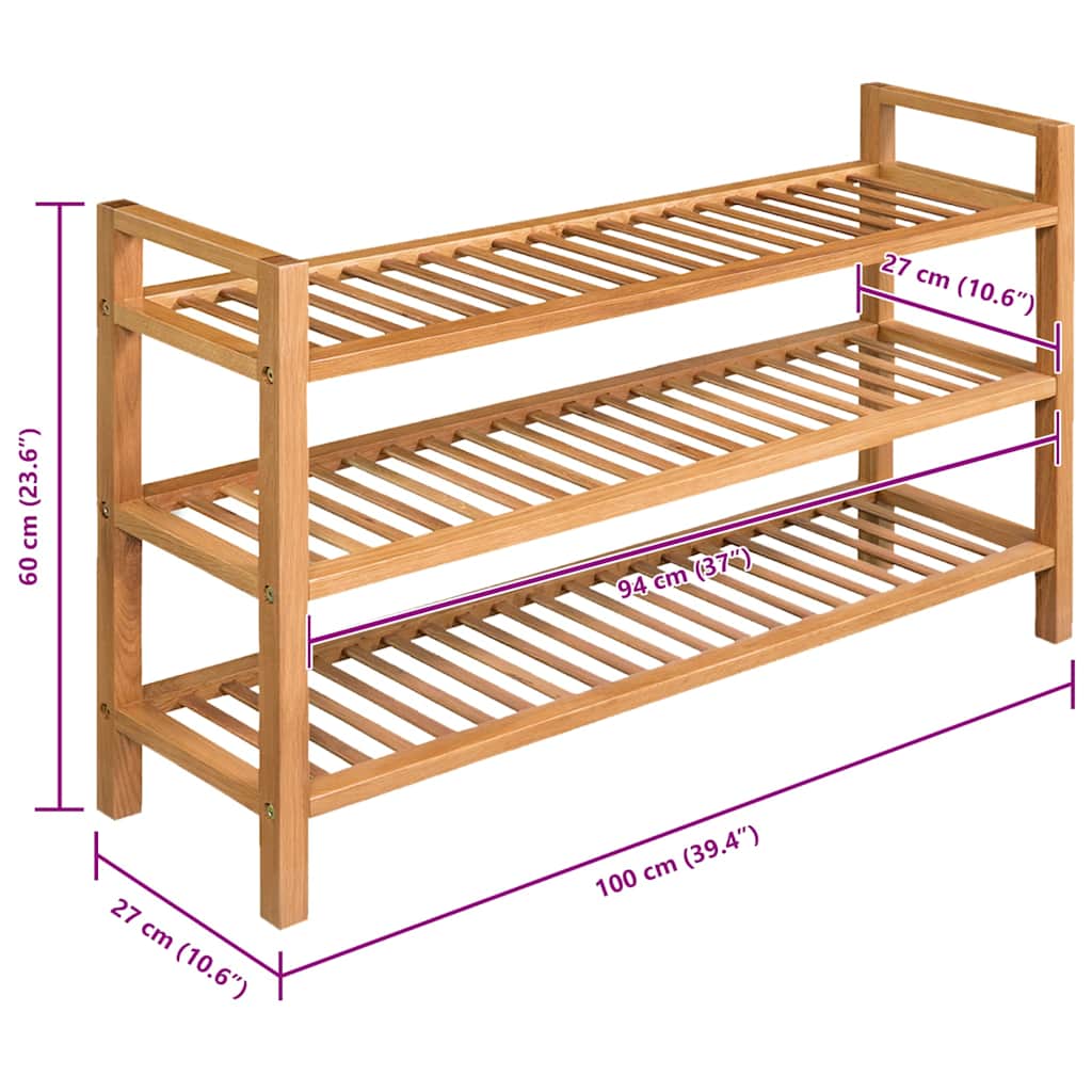 Zapatero con 3 estantes madera maciza de roble 100x27x60 cm