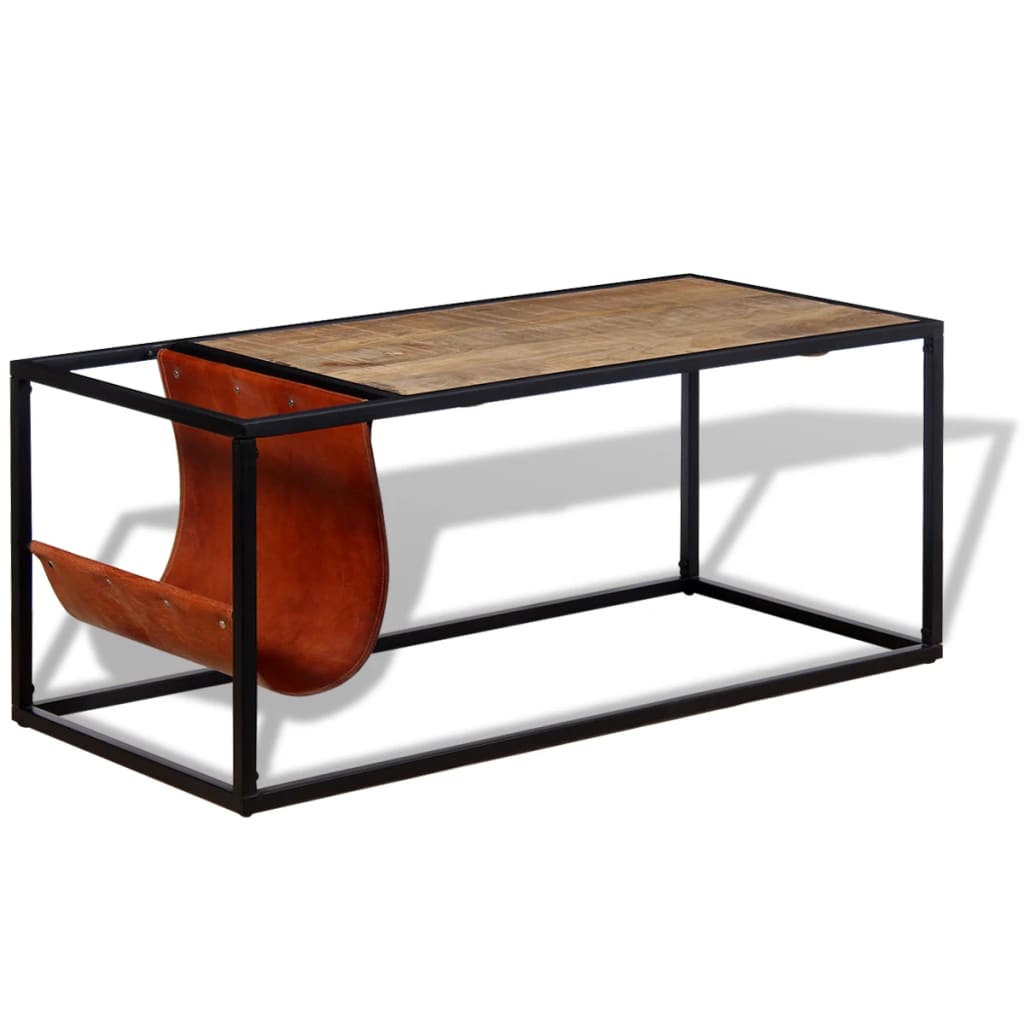 Mesa de centro con revistero de cuero auténtico 110x50x45 cm