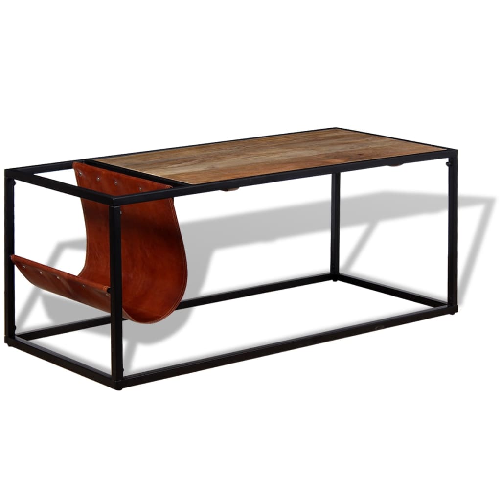 Mesa de centro con revistero de cuero auténtico 110x50x45 cm