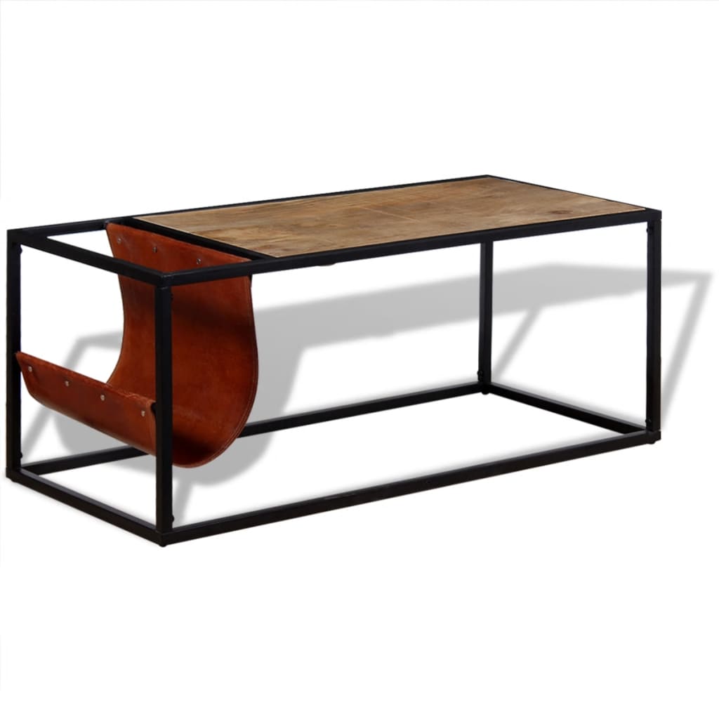 Mesa de centro con revistero de cuero auténtico 110x50x45 cm