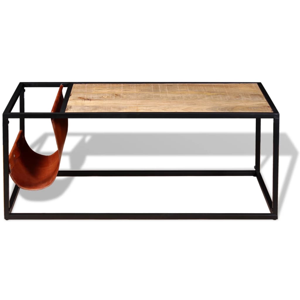Mesa de centro con revistero de cuero auténtico 110x50x45 cm