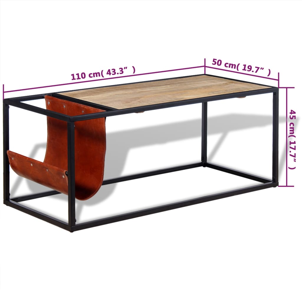 Mesa de centro con revistero de cuero auténtico 110x50x45 cm