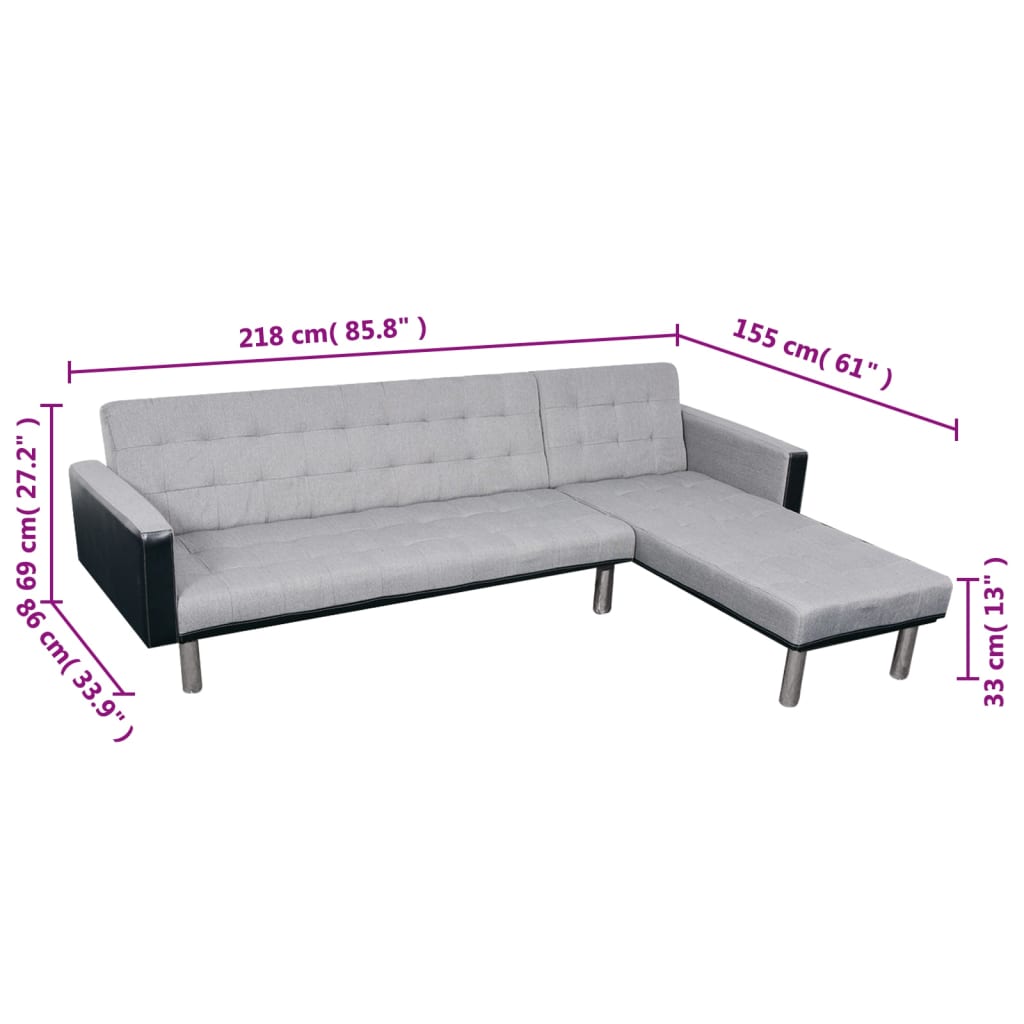 Sofá cama en forma de L de tela en negro y gris