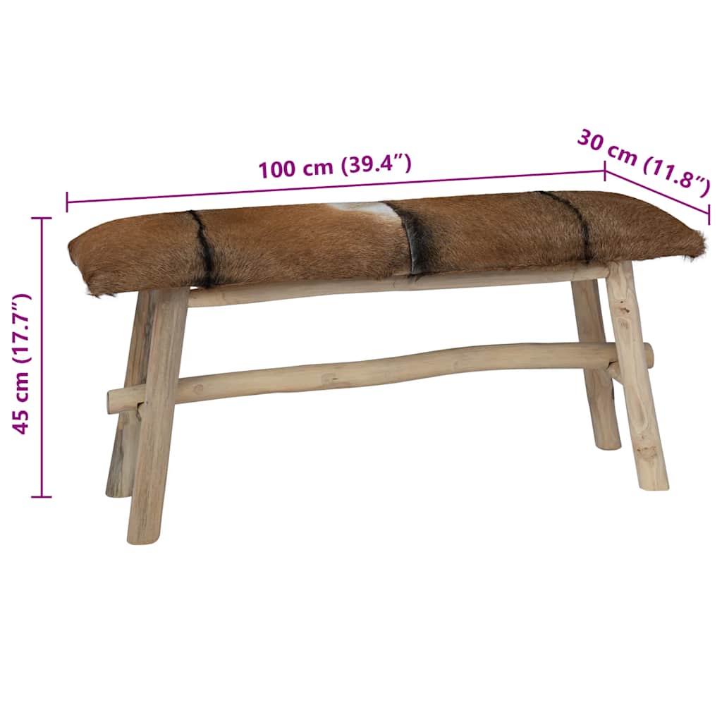 Banco de madera de teca con piel de cabra