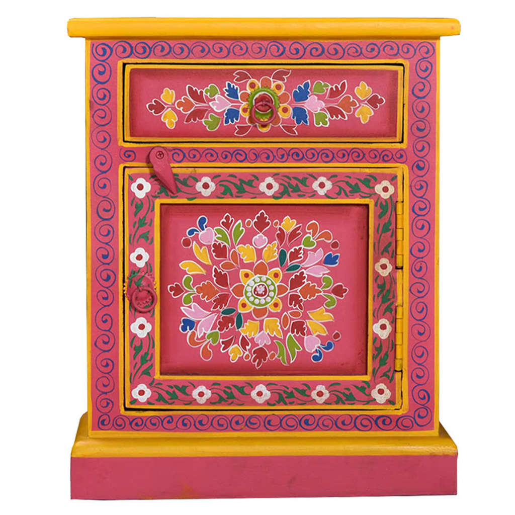 Mesita de noche de madera maciza de mango rosa pintada a mano