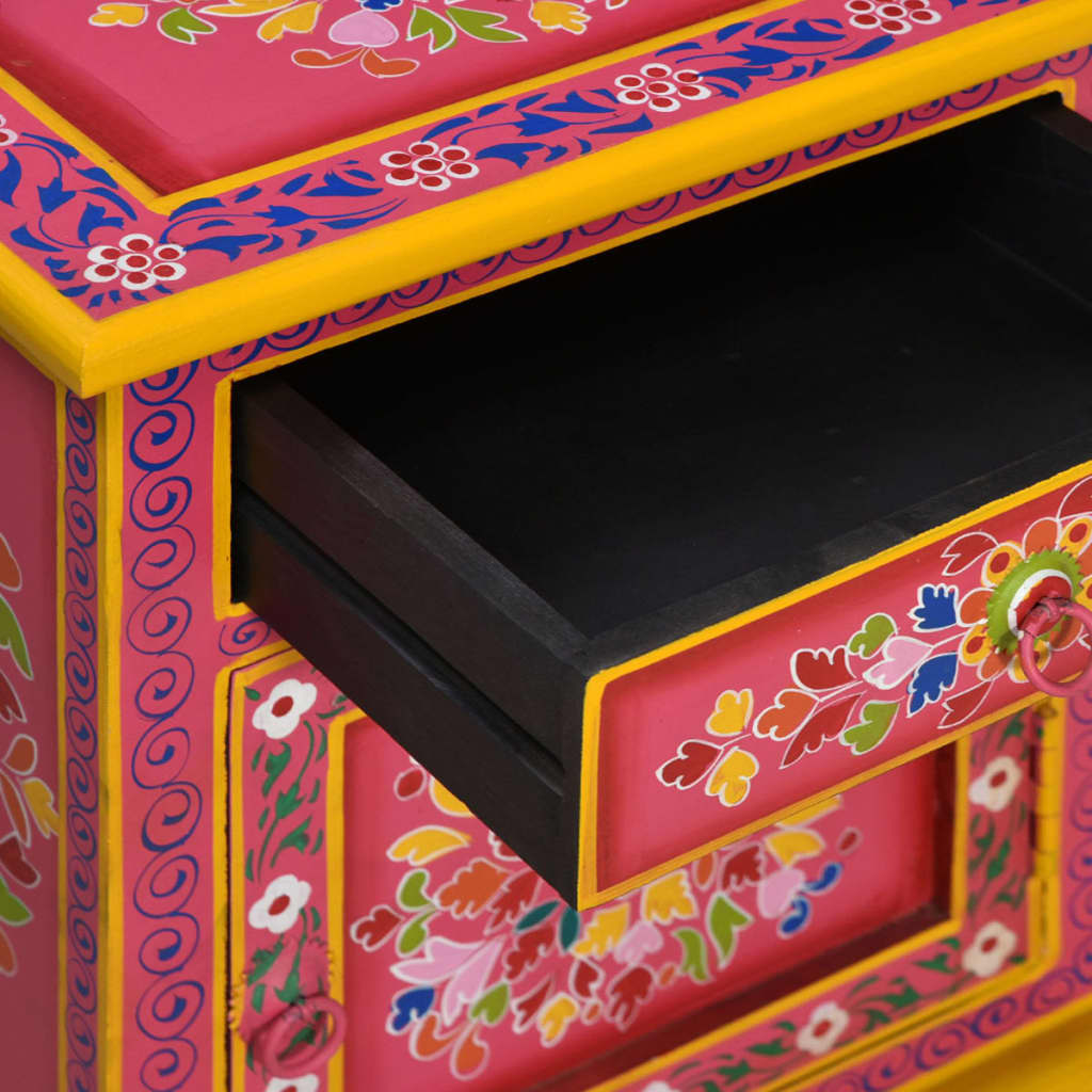 Mesita de noche de madera maciza de mango rosa pintada a mano
