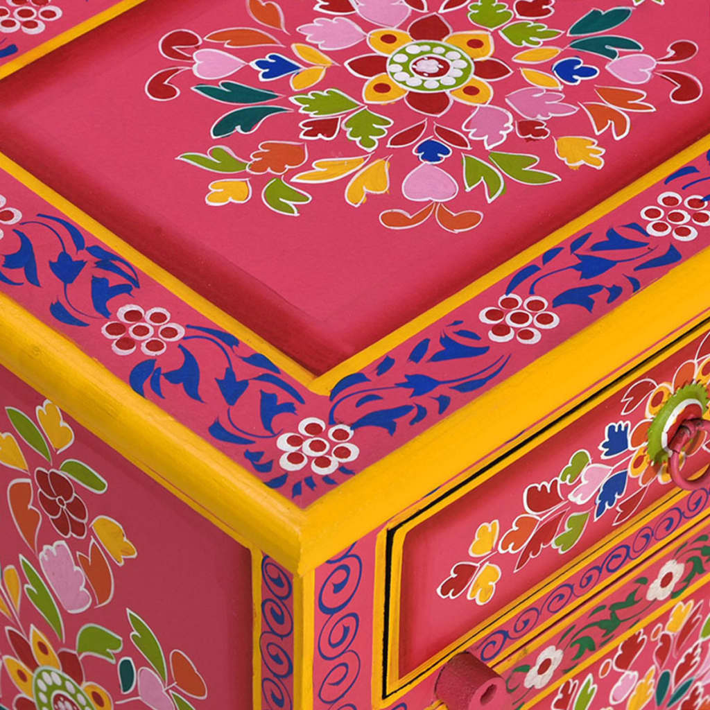Mesita de noche de madera maciza de mango rosa pintada a mano