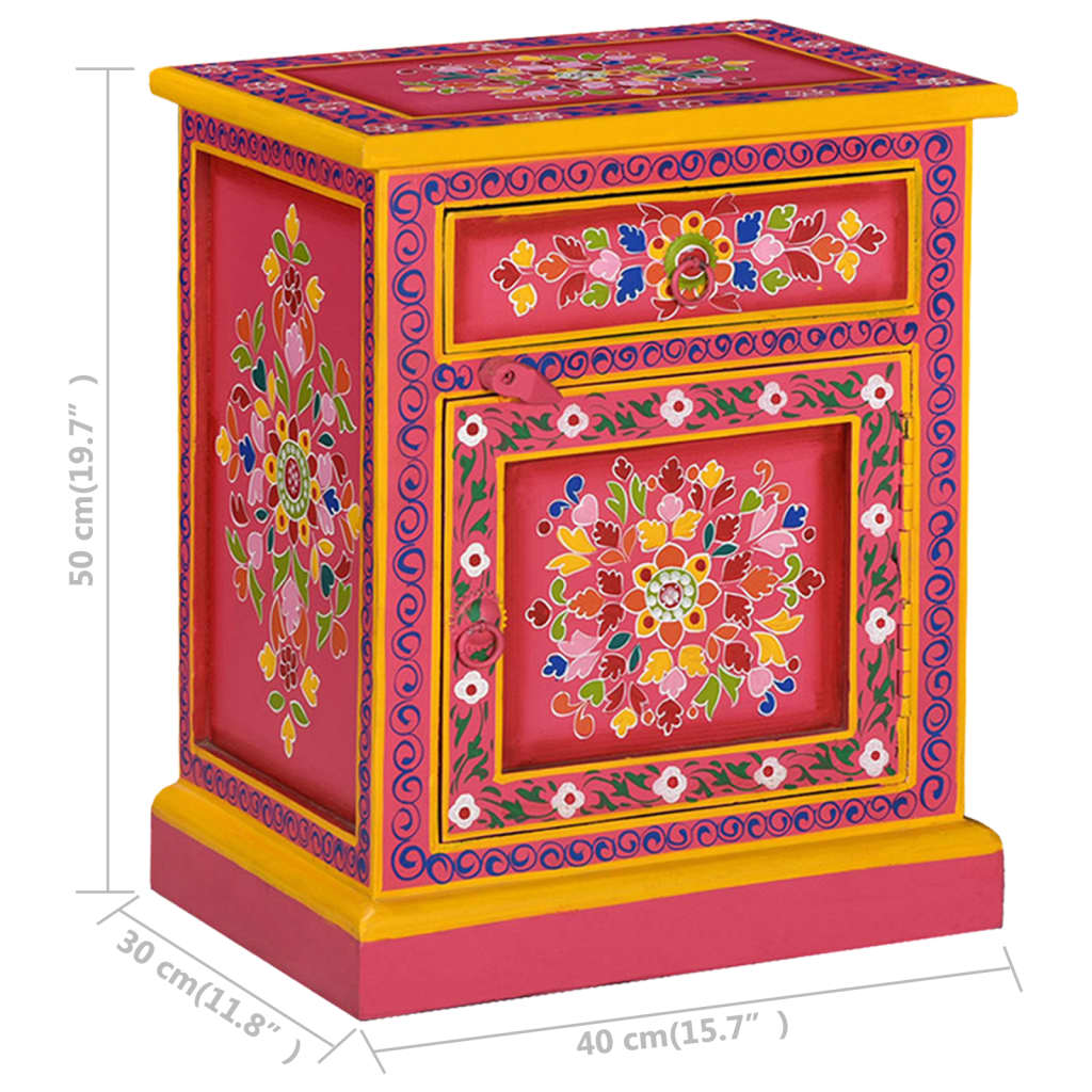 Mesita de noche de madera maciza de mango rosa pintada a mano