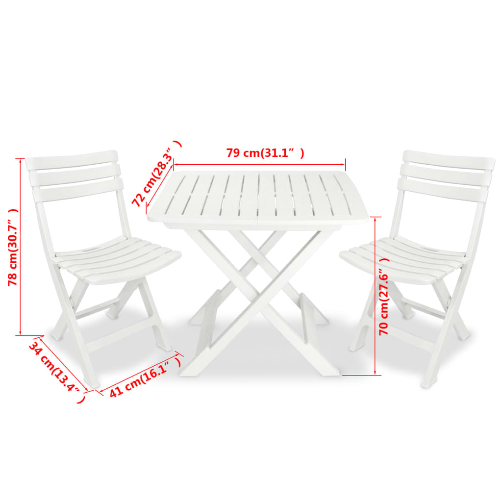 Mesa y sillas bistró de jardín plegables 3 pzas plástico blanco
