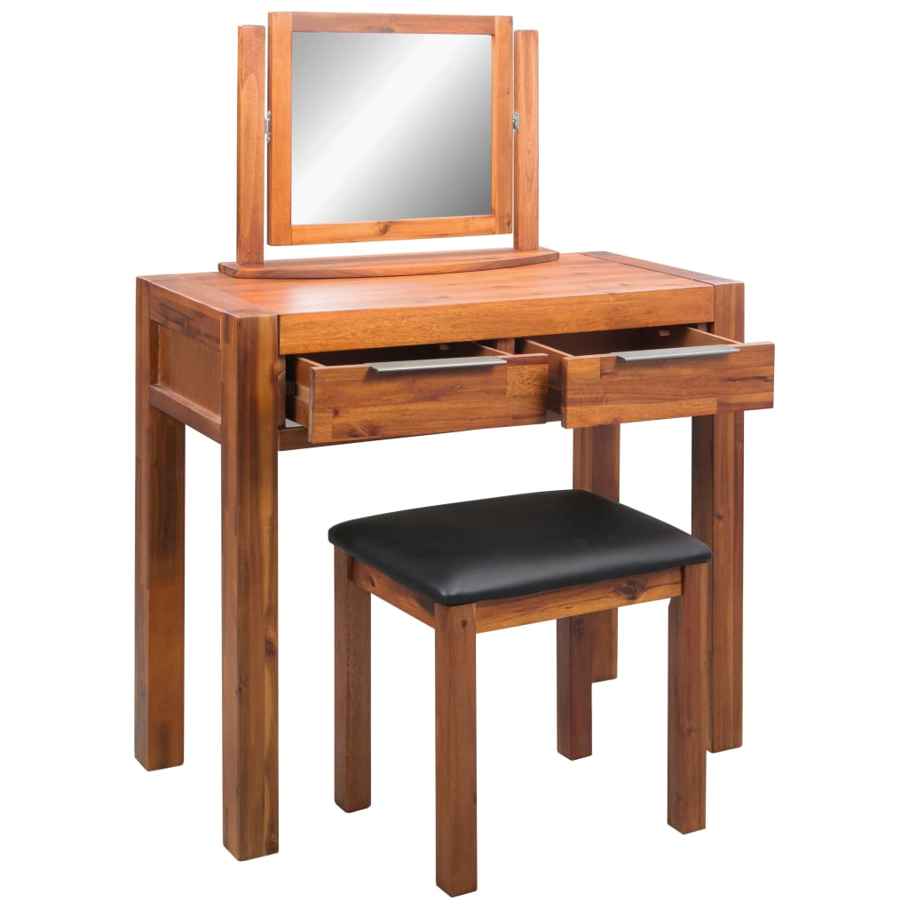 Tocador con taburete y espejo madera de acacia maciza