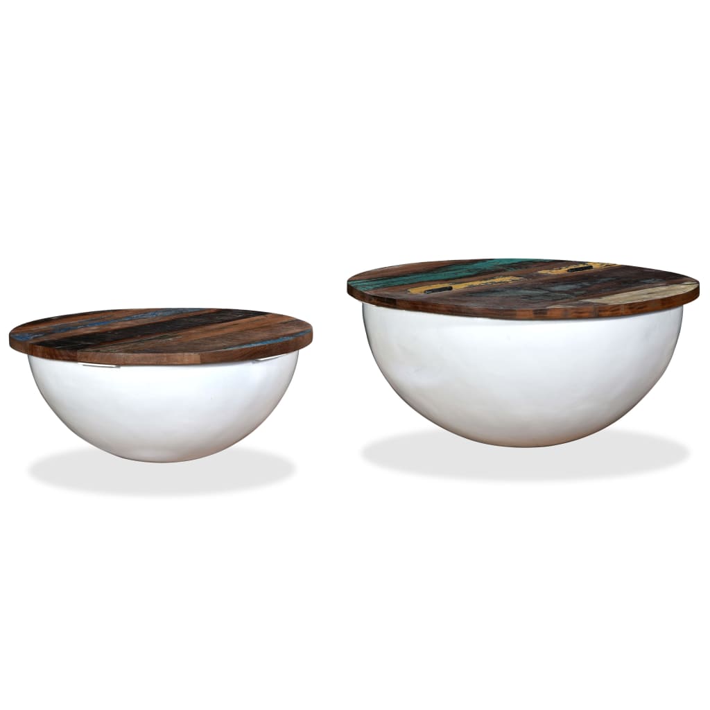 Set mesa de centro forma de bol 2 uds madera reciclada blanco