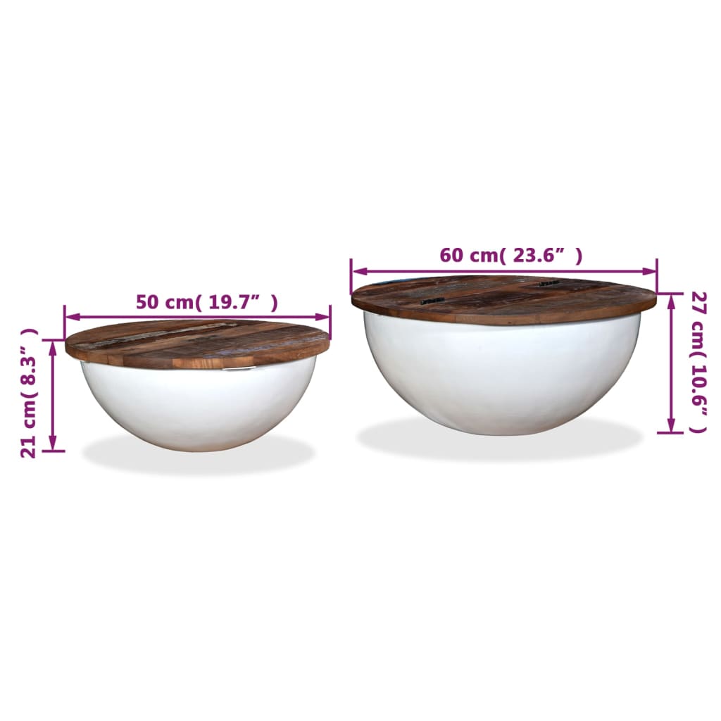 Set mesa de centro forma de bol 2 uds madera reciclada blanco