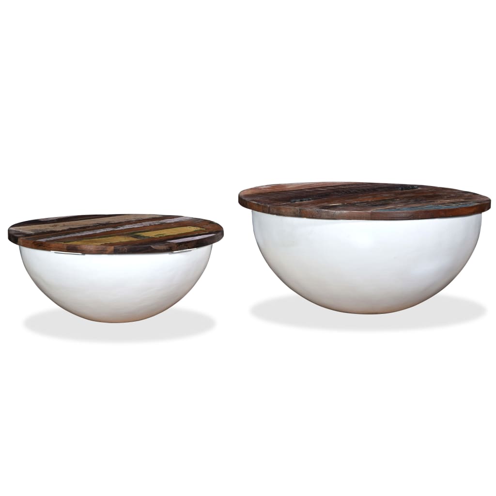 Set mesa de centro forma de bol 2 uds madera reciclada blanco