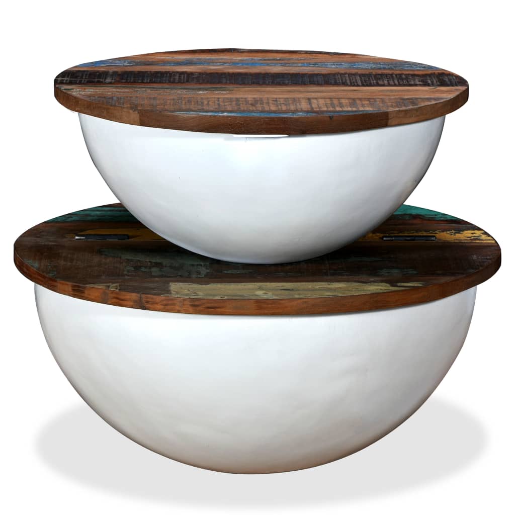Set mesa de centro forma de bol 2 uds madera reciclada blanco