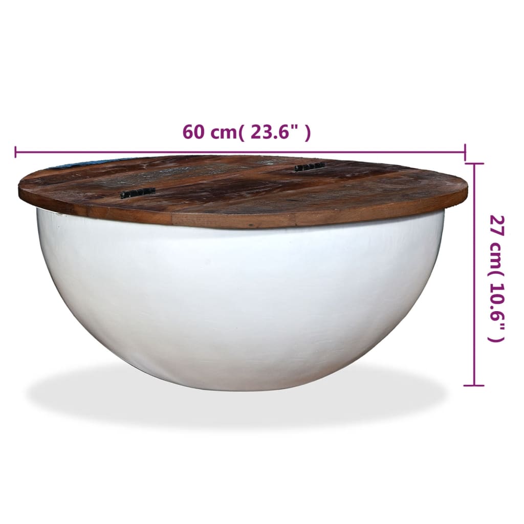Mesa de centro forma de bol madera maciza reciclada blanco