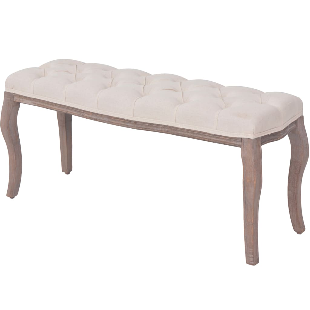 Banco de madera maciza y lino blanco crema 110x38x48 cm