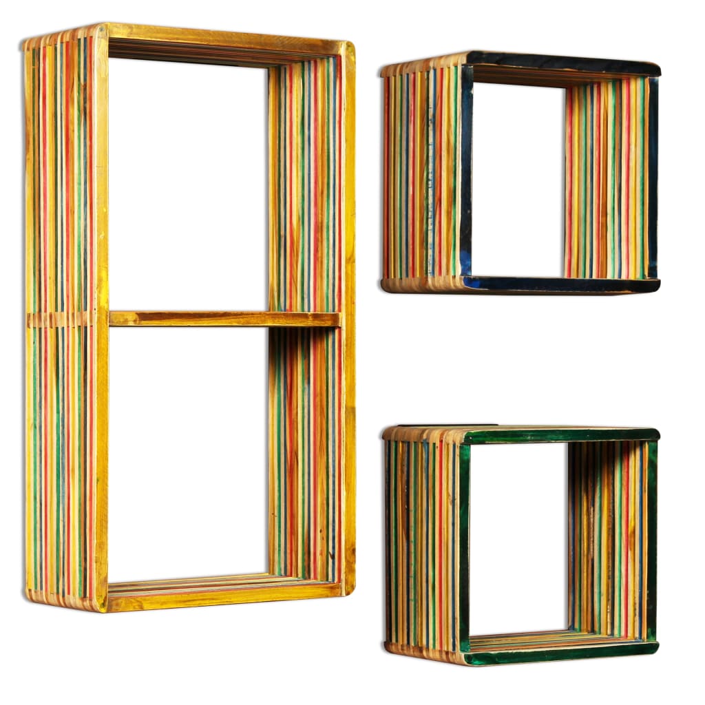 Set estantería de pared 3 uds teca maciza reciclada multicolor