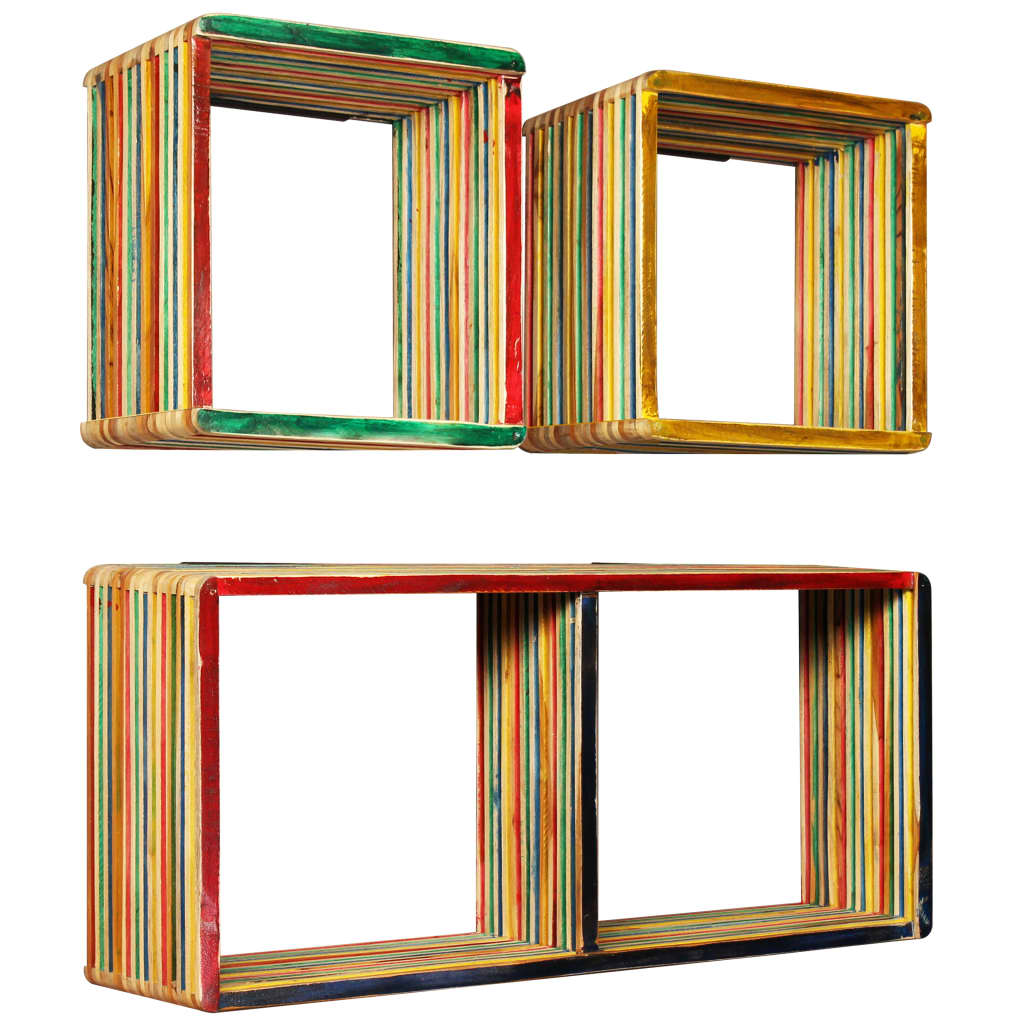 Set estantería de pared 3 uds teca maciza reciclada multicolor